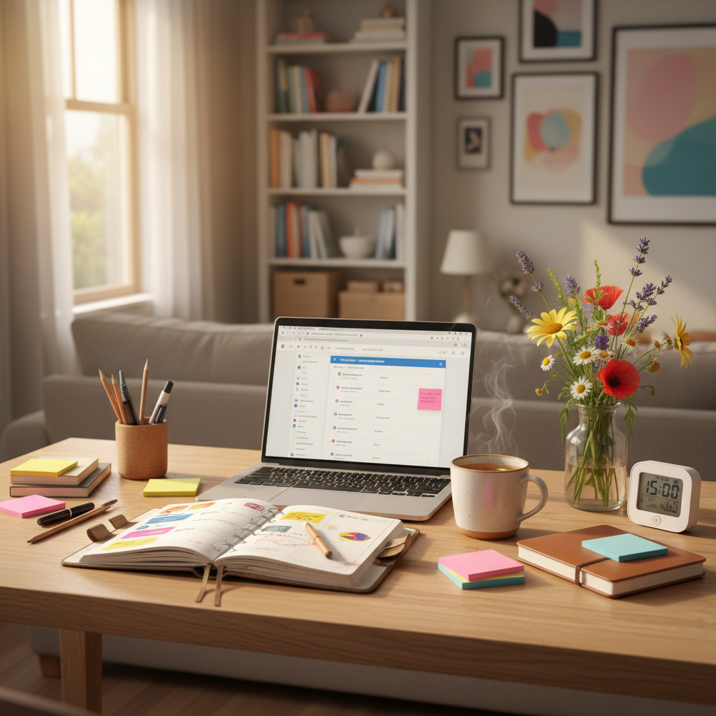 A neatly arranged wooden writing desk in a bright, cozy living room, covered with an open linen-bound planner, a laptop, a half-finished mug of tea, and a small vase of wildflowers. Colorful sticky notes and a simple timer sit beside a closed notebook, hinting at an unmedicated ADHD mind doing its best to stay organized. Soft morning light pours in from a nearby window, creating gentle, natural highlights and subtle shadows across the desk surface. Photographic realism at an eye-level angle, with shallow depth of field that keeps the desk in crisp focus while the background couch, bookshelf, and framed art fade into a warm, inviting blur, conveying everyday calm, focus, and possibility.