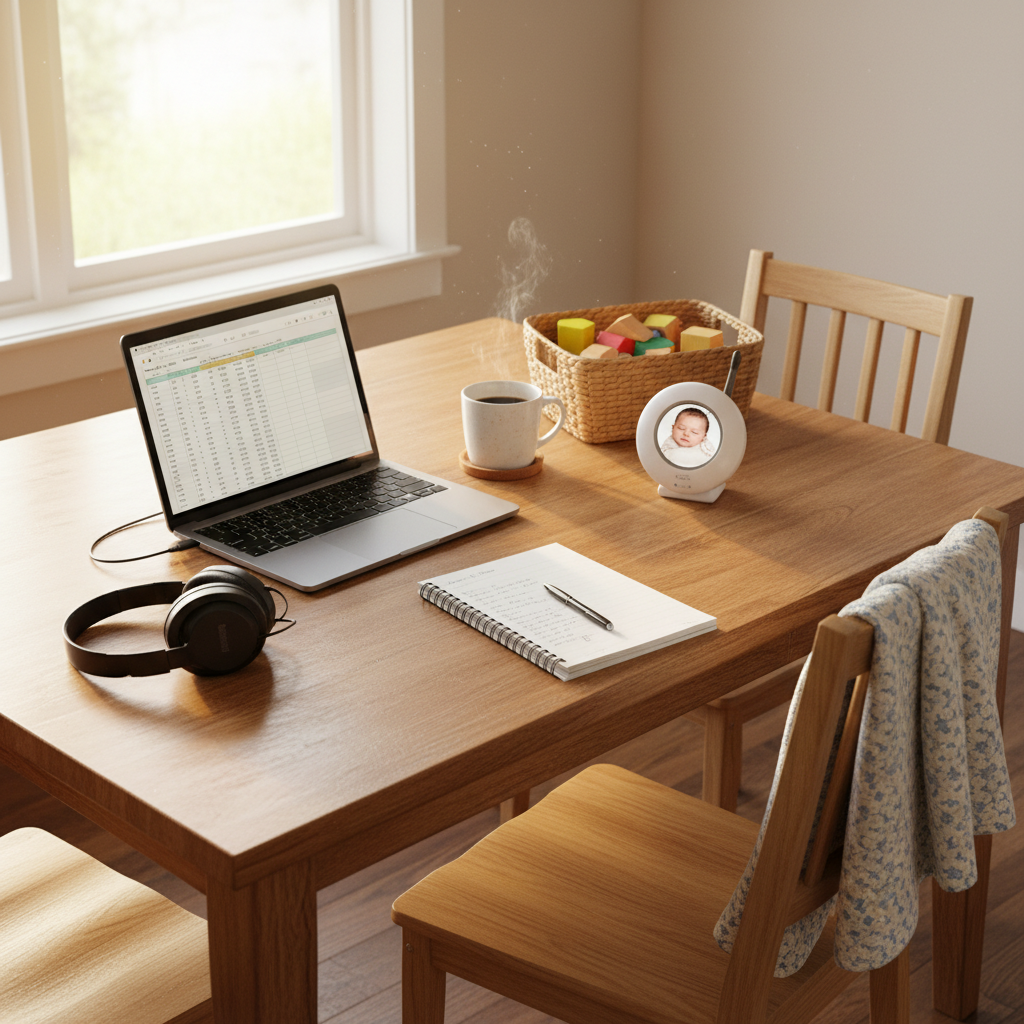 A sunlit kitchen table transformed into a flexible home office, with a slim laptop, noise-cancelling headphones, and a spiral notebook spread beside a small basket of toy blocks and a baby monitor. A neatly folded baby blanket drapes over one chair, while a steaming cup of coffee sits on a cork coaster. Late-morning natural light streams through a nearby window, casting soft highlights on the smooth tabletop and creating a calm, golden glow. Shot in photographic realism from a slightly elevated angle, the composition uses the rule of thirds to balance work tools on one side and family cues on the other, capturing the grounded, professional mood of working motherhood at home.